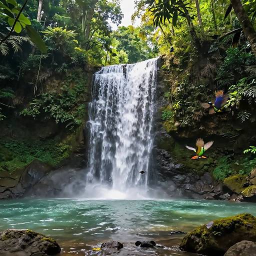 Photograph of a lush, tropical waterfall cascading into a turquoise pool, with vibrant green foliage, a colorful bird mid-flight, and misty water