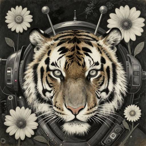Digital art of a tiger's face surrounded by white flowers and mechanical gears, featuring realistic fur textures and intense eyes.