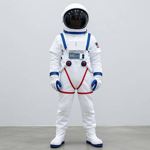Photograph of a person in a white astronaut suit with blue straps, red harness, black helmet, and American flag patch.