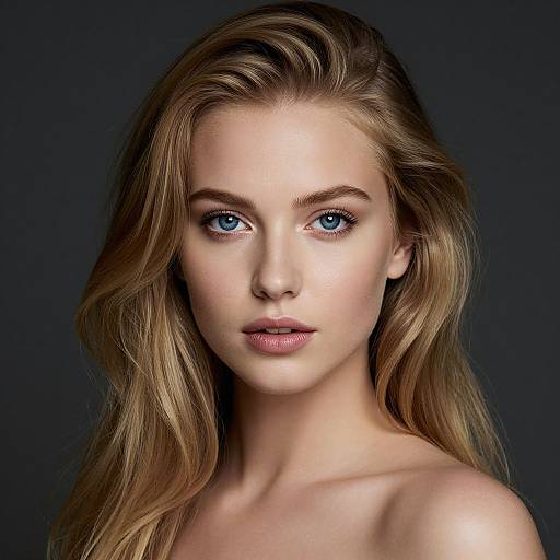 Photograph of a young, fair-skinned woman with long, wavy blonde hair, striking blue eyes, and pink lips, against a dark background