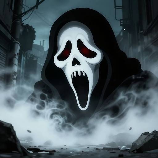 Digital artwork of a creepy, white-masked ghost with hollow eyes and sharp teeth emerging from smoky ruins in a dark, abandoned alley.