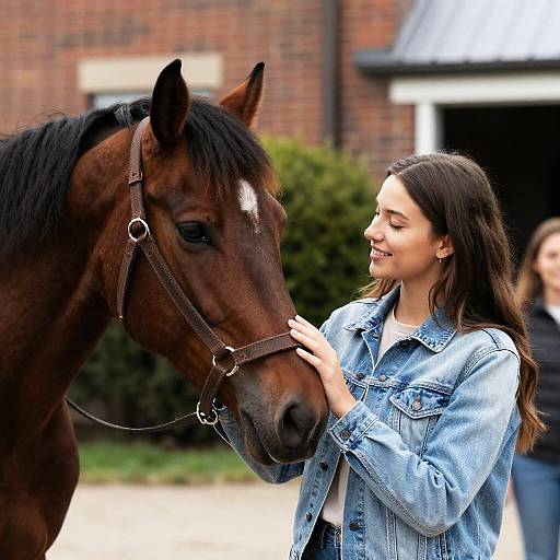 Young Woman with Horse in Denim Jacket
