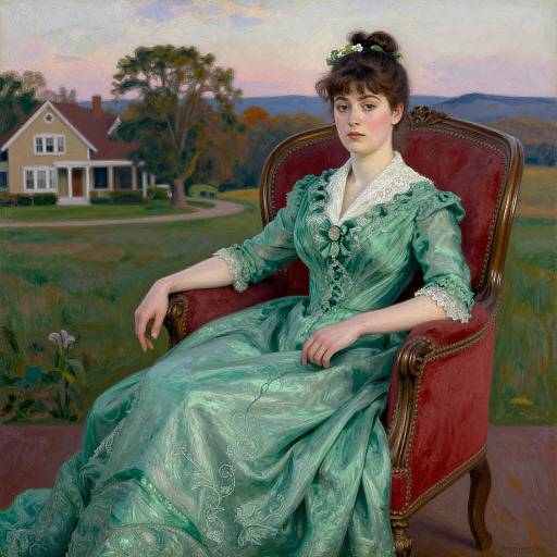 Photorealistic painting of a fair-skinned woman with dark hair in a green, lace-trimmed Victorian dress, seated in a red armchair