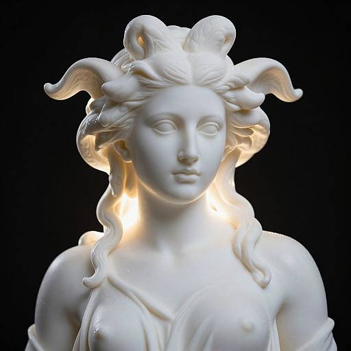 Photograph of a white marble statue with a serene face, flowing hair, and sea-like curls, illuminated from behind against a black background.