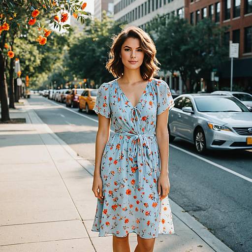 Young Woman in Floral Dress on City Street