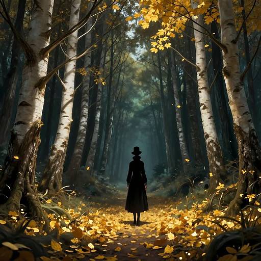 Silhouetted figure in a long coat and hat walks through a sunlit, autumnal forest with yellow leaves and tall birch trees. Digital