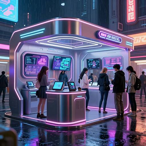 Photograph of a neon-lit, futuristic arcade kiosk in a rainy, vibrant city night. People in casual clothes interact with glowing screens, surrounded
