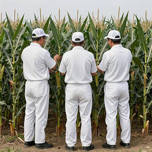 Men in Uniforms Inspecting Cornfield