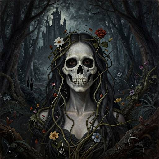 Digital art of a skeletal woman with long dark hair, adorned with vines and flowers, standing in a dark, eerie forest with a castle in the background