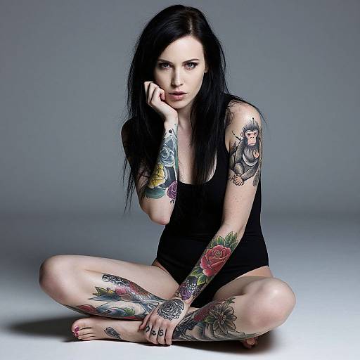 Photograph of a pale-skinned, black-haired woman in a black tank top and panties, sitting cross-legged, showcasing colorful tattoos on arms and legs