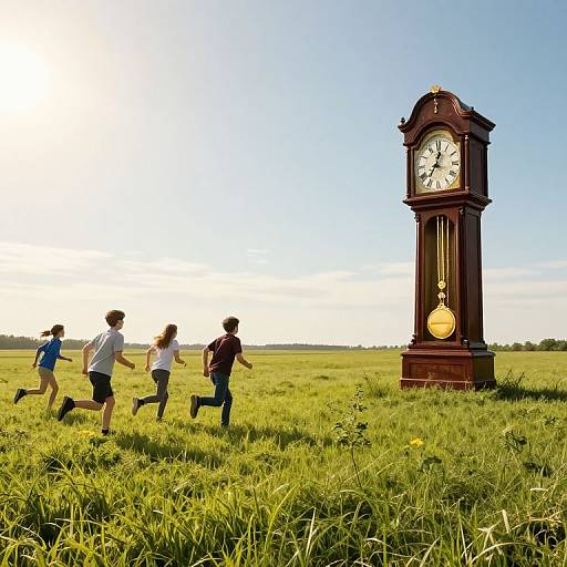Photograph of four children running towards a tall, wooden, vintage-style clock in a sunny, green grassy field. Clear blue sky.