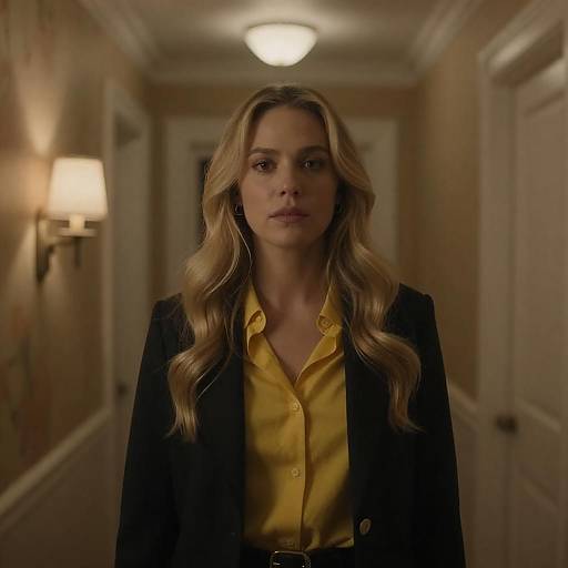 Blonde Woman in Yellow Shirt Standing in Dim Hallway