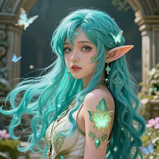 Digital art of a beautiful, blue-haired elven woman with pointed ears, glowing butterfly tattoos, and green jewel earrings, surrounded by butterflies in a magical
