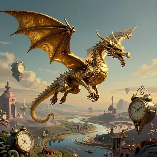 Digital fantasy artwork of a golden dragon with outstretched wings soaring above a clock-filled, surreal landscape with a winding river and distant buildings.