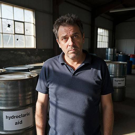 Photograph of a middle-aged man with short, dark hair in a black polo shirt, standing in a dimly lit warehouse with metal barrels labeled 