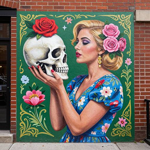 Vibrant mural of a blonde woman in a floral dress, holding a skull with a red rose, surrounded by pink and white roses, set against