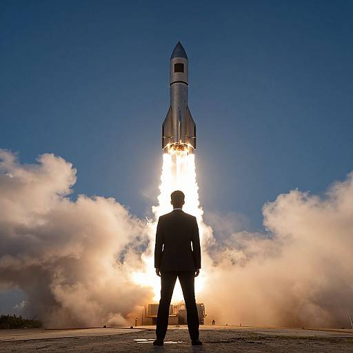 Photograph of a man in a suit standing with his back to a rocket launching, bright flames and smoke beneath, clear blue sky above.