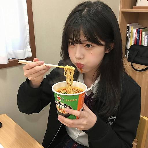 Asian Woman Enjoying Ramen at Desk