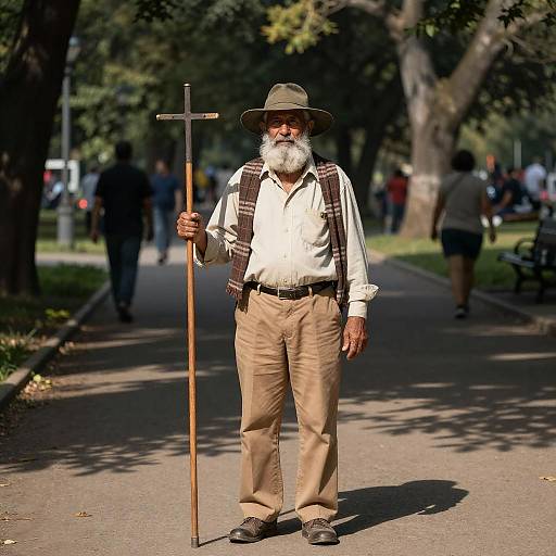 Photograph of elderly white man with white beard, wearing wide-brimmed hat, white shirt, beige pants, holding wooden cane with cross, standing