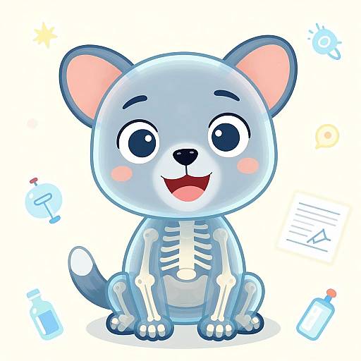Cute, cartoon-style digital drawing of a blue, skeleton-armed, smiling cat with large eyes, pink ears, and blushing cheeks, surrounded
