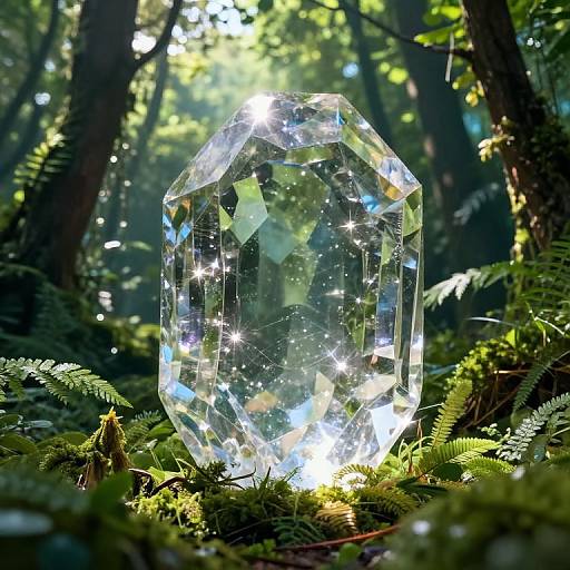 Photograph of a large, clear, faceted crystal gemstone glowing with internal sparkles, set on lush green ferns in a sunlit forest