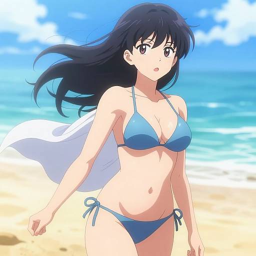 Anime-style digital drawing of a dark-haired, fair-skinned woman in a blue bikini, standing on a sunny beach with blue sky and ocean in the