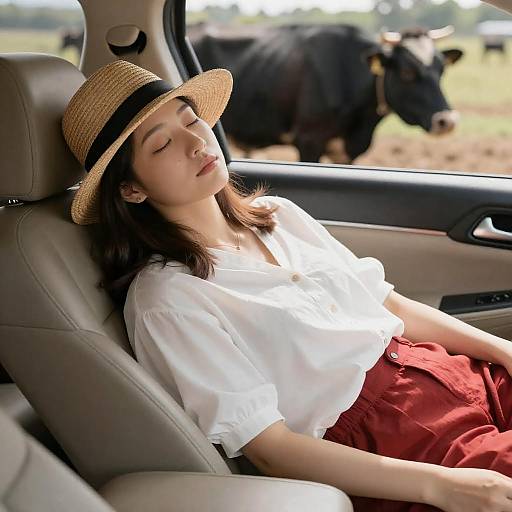 Sleepy Woman in Car with Cows