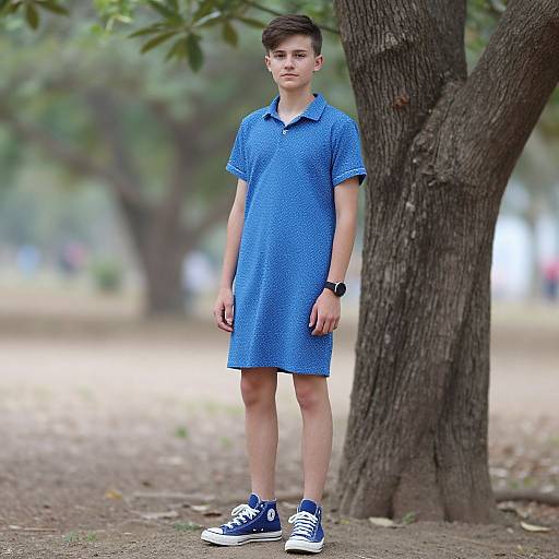 Photograph of a young boy with short brown hair, wearing a blue polka-dotted polo dress, blue sneakers, and a black wristwatch,