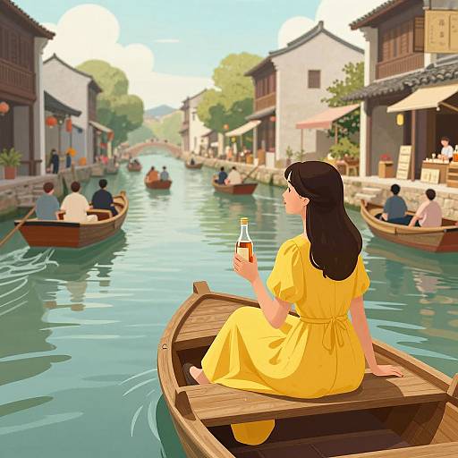 Digital illustration of a woman in a yellow dress, holding a beer, sitting in a wooden boat on a tranquil canal, surrounded by other boats and quaint