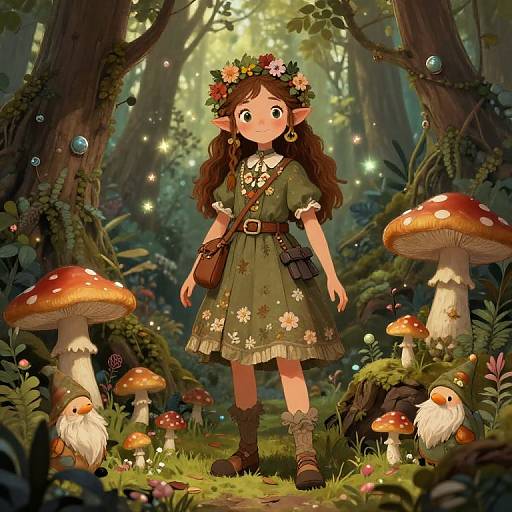 Digital illustration of a cute, flower-crowned, elf girl in a green floral dress, standing in a magical forest with glowing mushrooms and fairy lights.