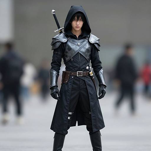 Photograph of a young woman with pale skin and dark hair, wearing black medieval armor, hood up, sword on back, standing confidently in a blurred
