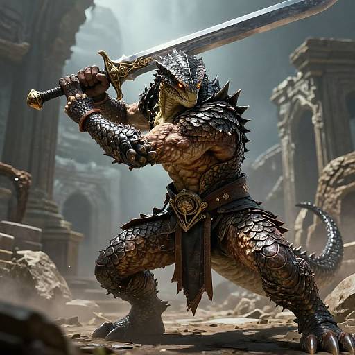 Digital artwork of a muscular, scaly, lizard-man warrior wielding a sword, wearing spiked armor, in a sunlit, ruined ancient temple.