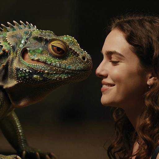 Woman Smiling at a Reptilian Creature
