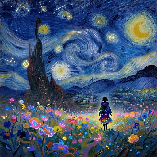 Digital painting of a girl in a colorful field, silhouetted against a swirling, starry night sky with Vincent van Gogh's 