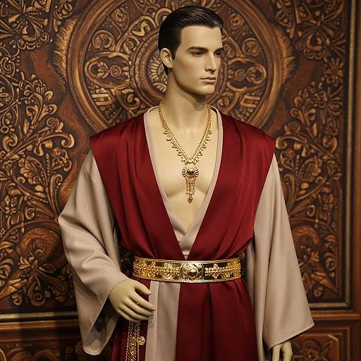 Photorealistic digital artwork of a handsome, fair-skinned male mannequin in a deep red and beige robe, adorned with an ornate gold