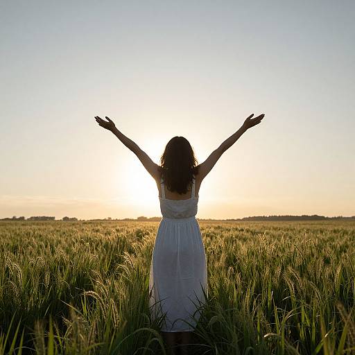 Photograph of a woman with long hair, wearing a white dress, standing in a sunlit grass field with arms raised, silhouetted against