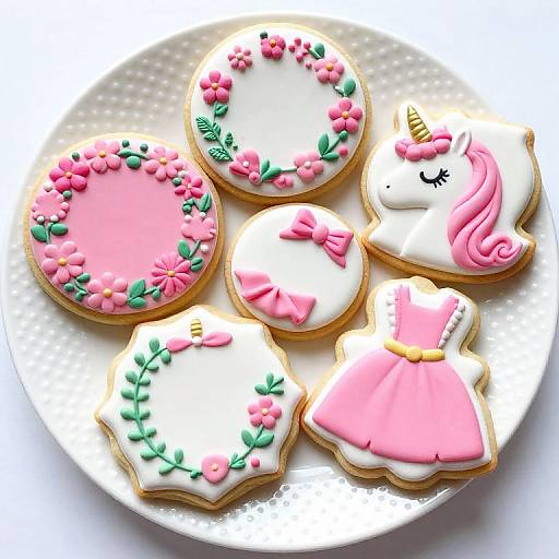 Photograph of five intricately decorated unicorn-themed cookies on a white polka-dot plate, featuring pink and white icing, floral accents, and a horn