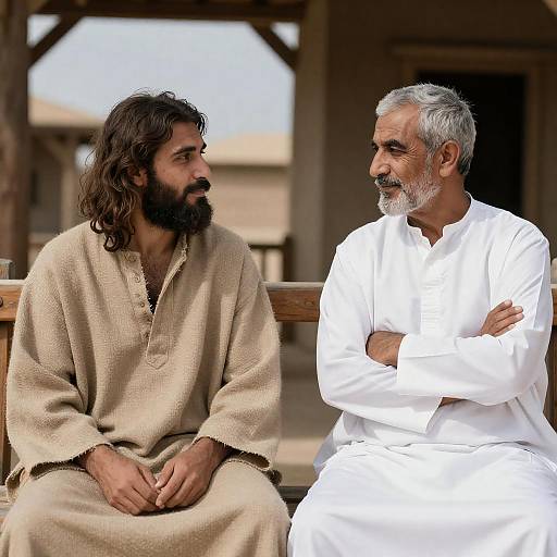 Two Bearded Men on Wooden Benches