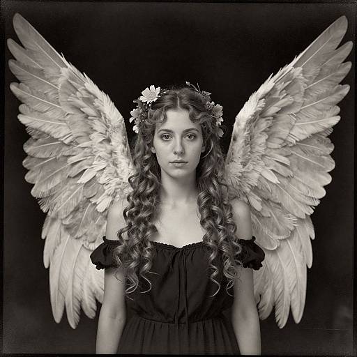 Black-and-white photograph of a young woman with long curly hair, angel wings, floral headpiece, and off-shoulder black dress, looking int
