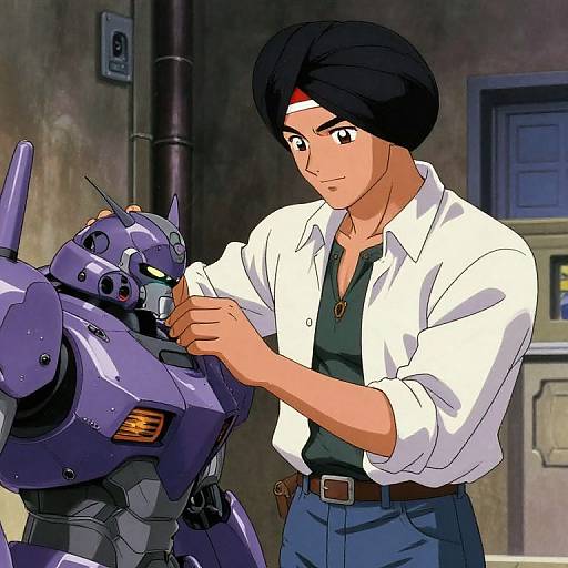 Anime-style digital drawing of a man with dark hair, white shirt, and black headband, adjusting the helmet of a purple robot.
