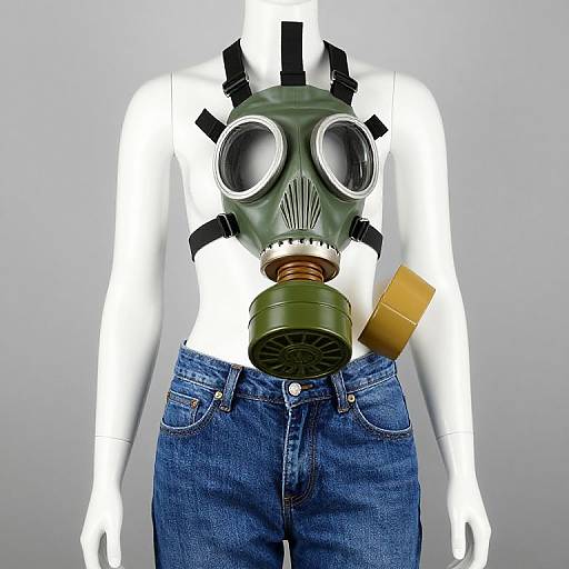 Photograph of a white mannequin wearing green gas mask with black straps, blue denim jeans, and a yellow filter canister.