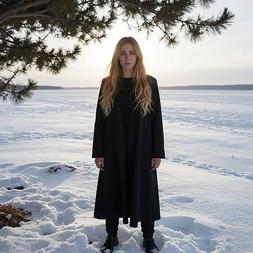 Photograph of a blonde woman with long hair, wearing a black long coat, standing in a snowy landscape with pine branches overhead. Bright sunlight behind her