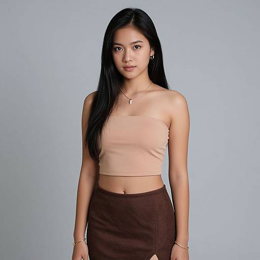 Photograph of an Asian woman with long black hair, wearing a beige strapless crop top and brown high-waisted skirt, against a plain light