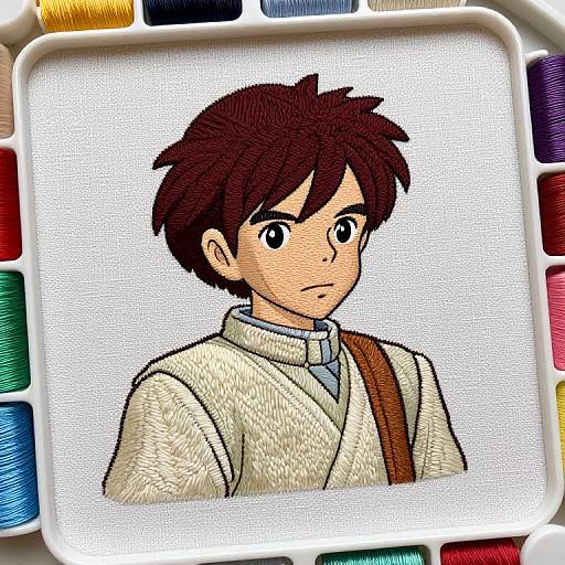 Digital cross-stitch portrait of a young man with dark brown hair, wearing a cream sweater and brown strap, surrounded by colorful yarn spools.