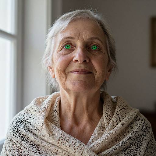 Photograph of an elderly woman with green eyes, gray hair, and a warm smile, wearing a beige lace shawl, standing near a window.