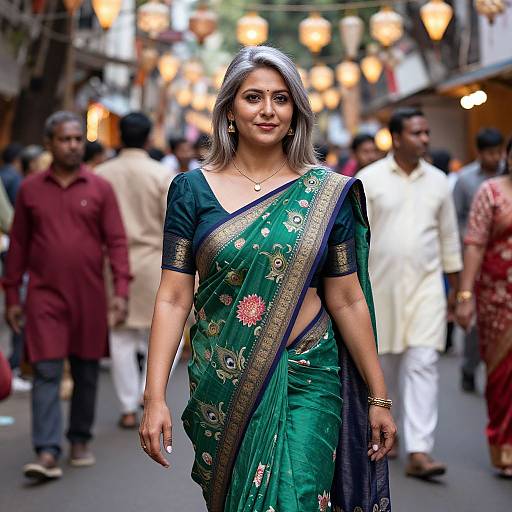 Photograph of a confident Indian woman with silver hair in a green, gold-embroidered saree, standing in a bustling street at night with
