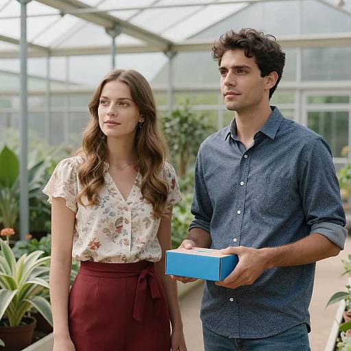 Couple in Greenhouse with Blue Box
