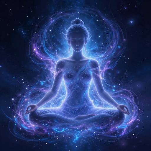 Digital art of a glowing, blue, ethereal woman in a lotus position, surrounded by swirling, neon-like cosmic energy against a starry black