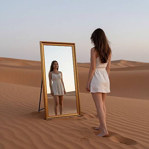 Photograph of a woman with long brown hair, wearing a white lace dress, standing barefoot in a desert, reflecting in a tall, gold-fr