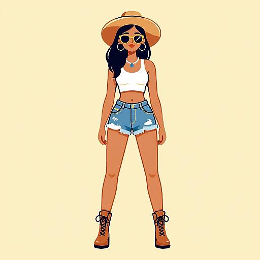 Digital illustration of a tan-skinned woman with black hair, wearing a white crop top, denim shorts, brown boots, wide-brimmed hat,